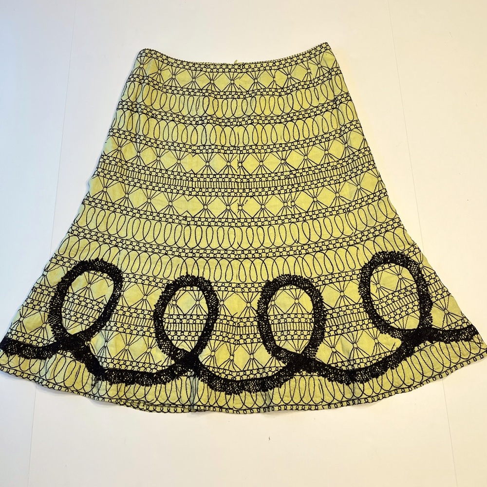 WD.NY Green Black Linen Blend Embroidered Pattern Fit And Flare Midi Skirt 6
